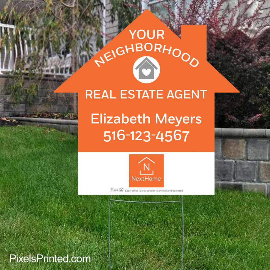 Next Home agent house shaped yard sign neighborhood farming