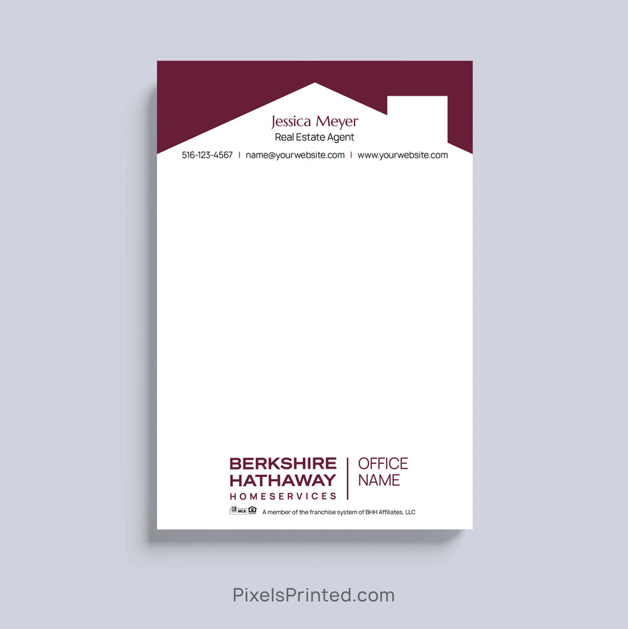 Berkshire Hathaway HomeServices realtor notepad with house roof design and agent branding