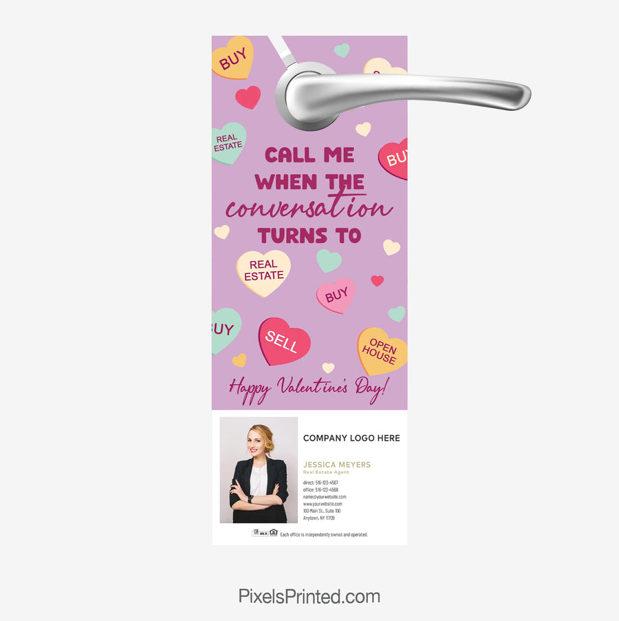 Century 21 Valentine door hanger with 'Let's talk real estate' message for engaging clients.