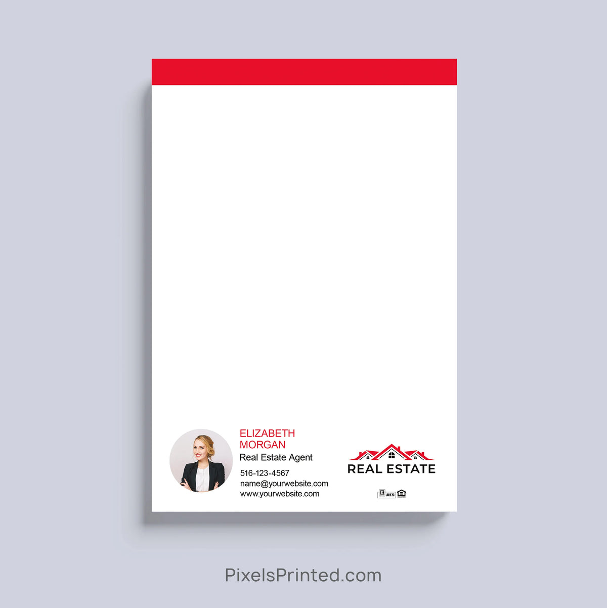 Personalized real estate agent notepad with headshot, logo and contact information