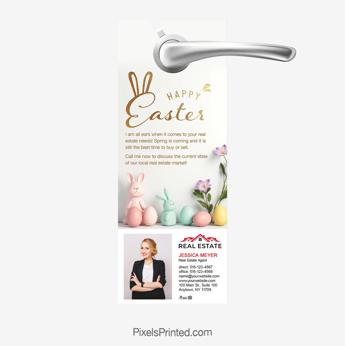 Easter-themed real estate door hanger used for seasonal farming with agent branding and contact information.
