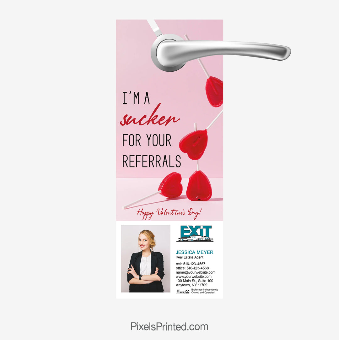Exit Realty Valentine's Day door hanger celebrating referrals for real estate agents.