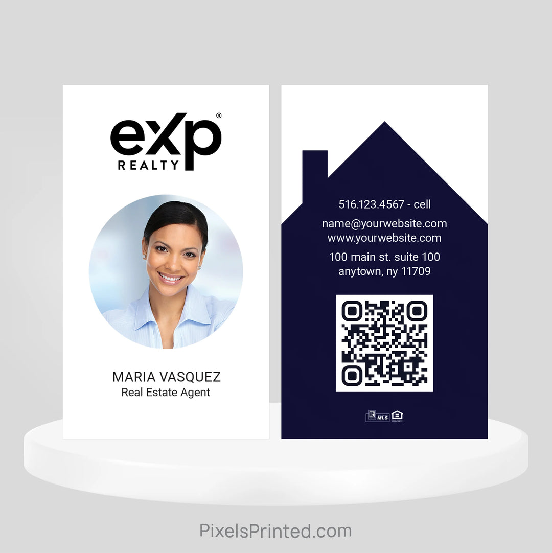 Professional eXp Realty business card featuring a modern house graphic and personalized agent information.