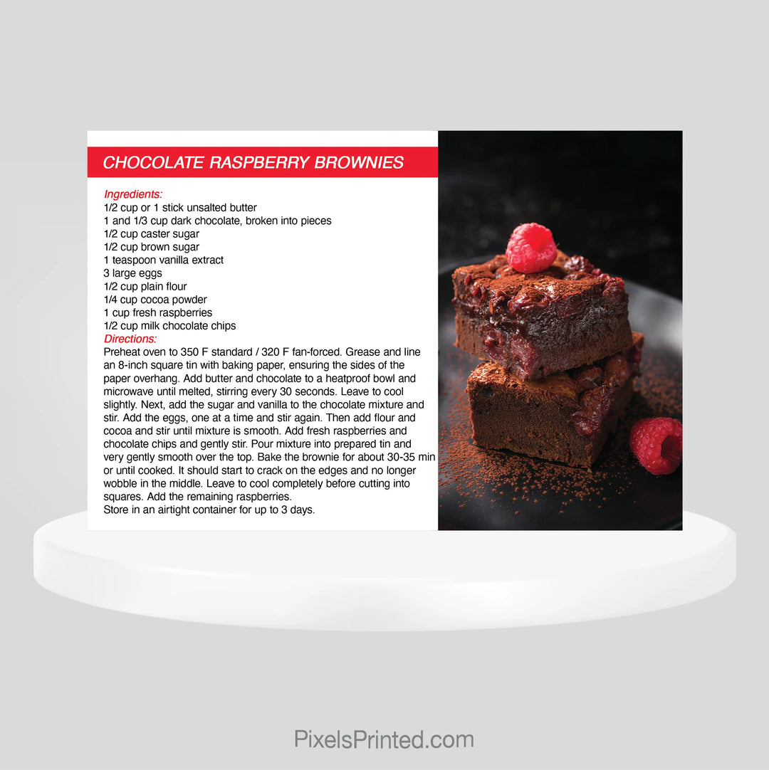 eXp Realty chocolate raspberry brownies recipe postcard that helps agents stay connected with homeowners through useful marketing.