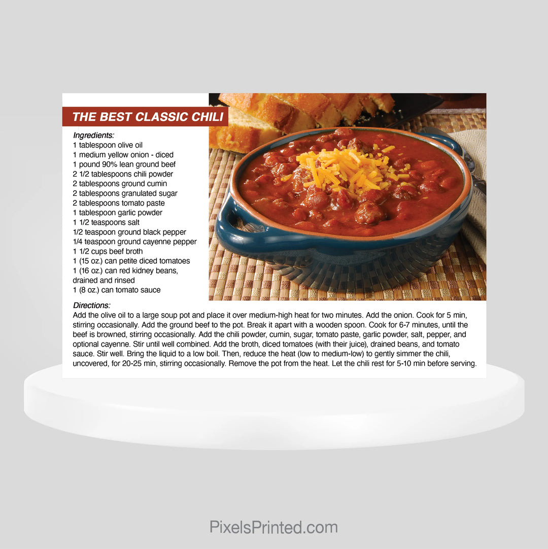 eXp Realty classic chili recipe postcard for client appreciation, neighborhood farming, and relationship-based real estate marketing.