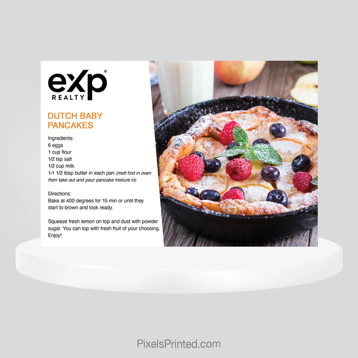 eXp Realty Dutch Baby pancakes recipe postcard for real estate agents building relationships with clients and local homeowners