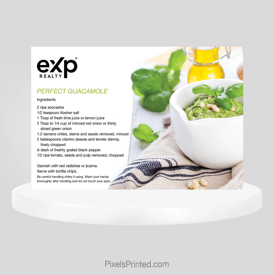 eXp Realty guacamole recipe postcard for real estate agents using useful mailers to stay connected with clients and farm neighborhoods.