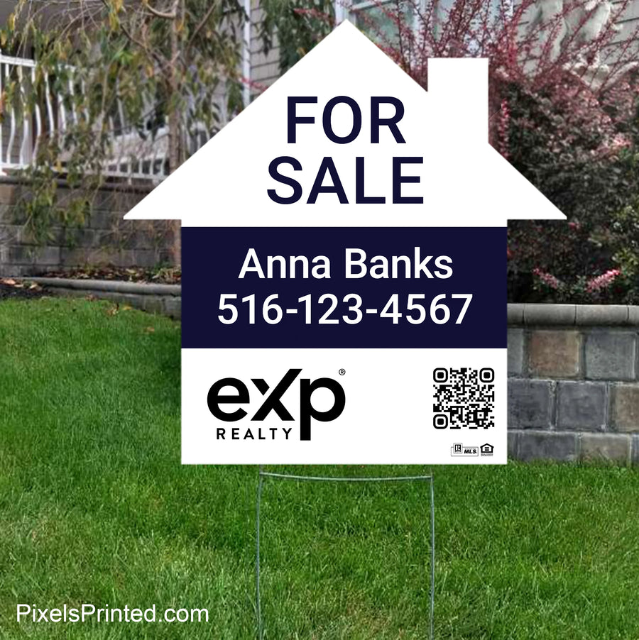 eXp Realty house shaped real estate yard sign with FOR SALE message and sturdy metal step stake.