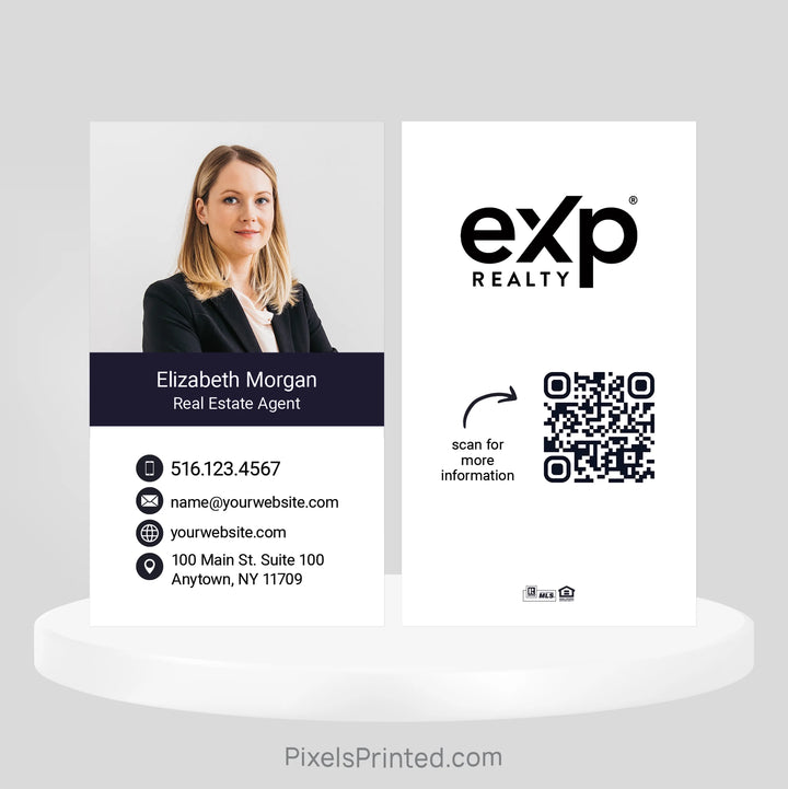Minimalist eXp Realty business card with clean typography and personalized contact details.