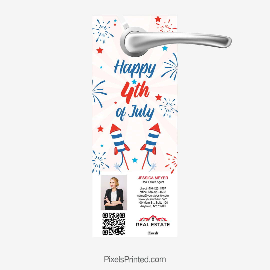 Fourth of July themed real estate door hanger highlighting homeownership with customizable agent branding.