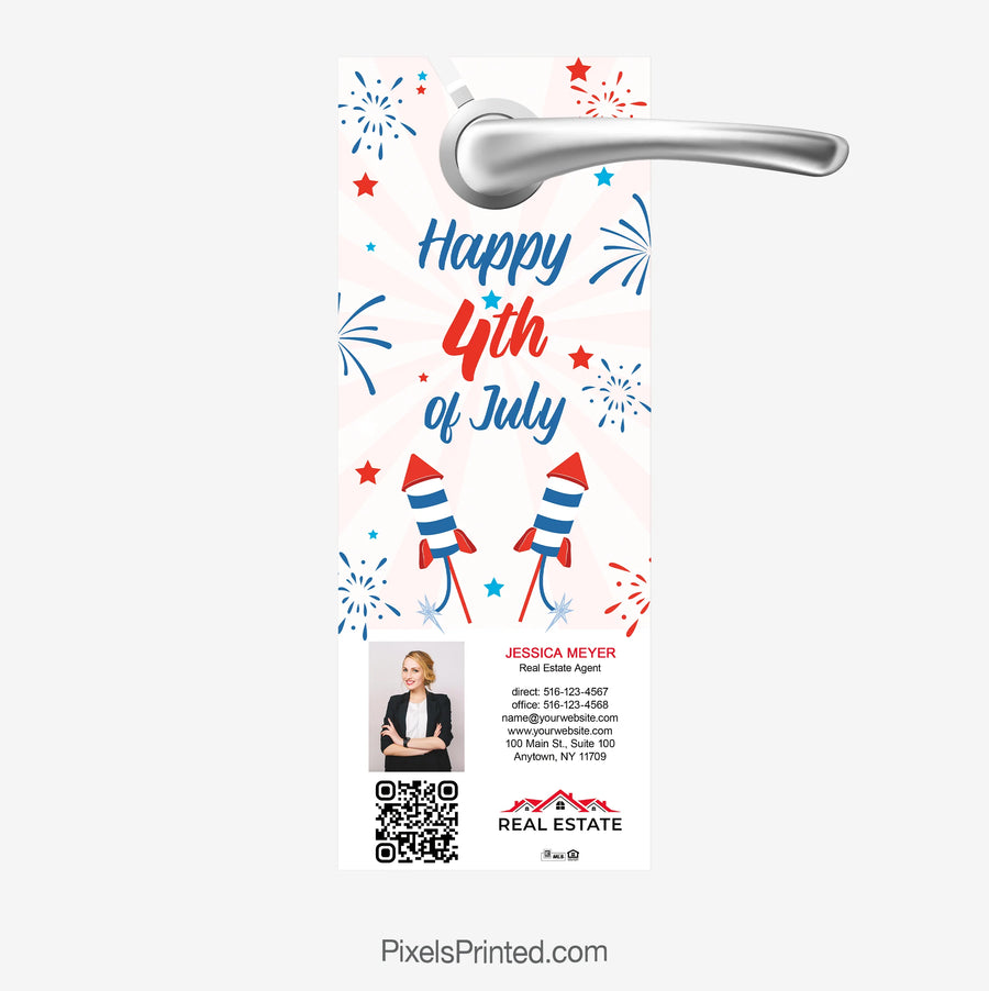 Fourth of July themed real estate door hanger highlighting homeownership with customizable agent branding.