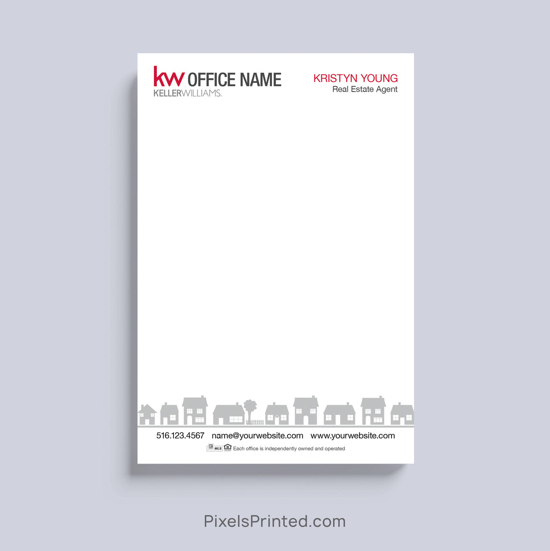 Keller Williams real estate notepad with neighborhood houses and agent branding