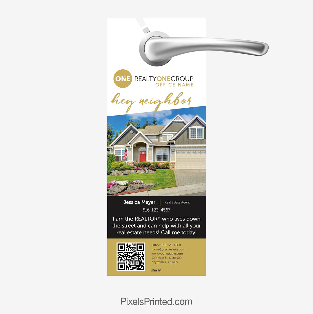 Realty ONE Group real estate door hangers agent announcement with QR code