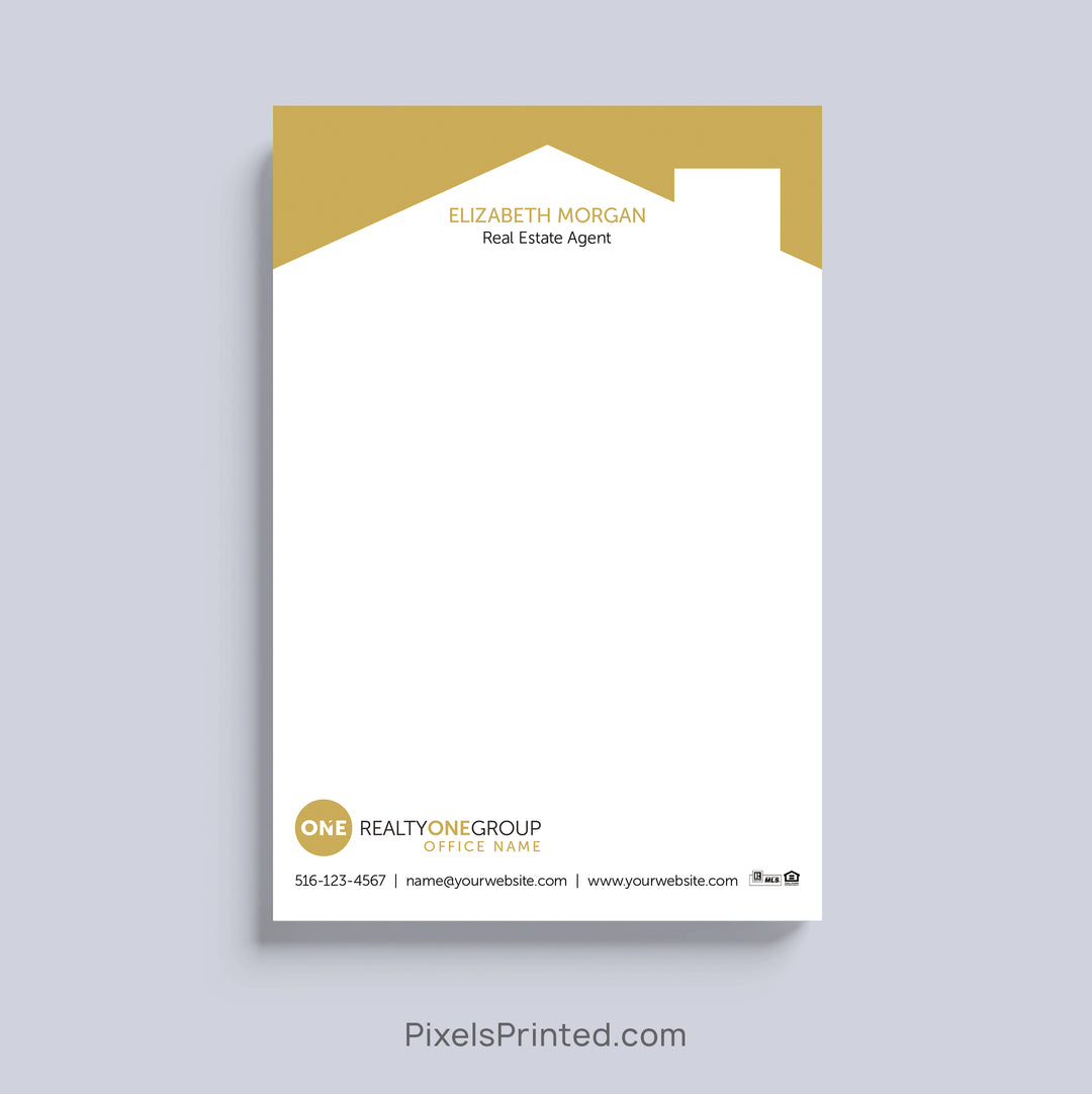 Realty ONE Group realtor notepad with house roof design and personalized branding