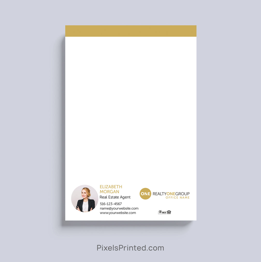 Personalized Realty ONE Group realtor notepad with headshot and contact information