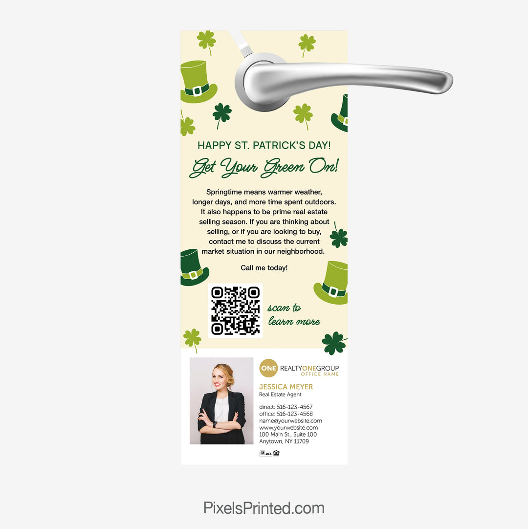 St. Patrick’s Day real estate door hanger for Realty ONE Group agents with QR code