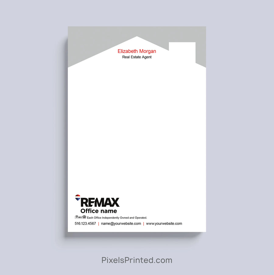 RE/MAX realtor notepad with house roof design and personalized branding