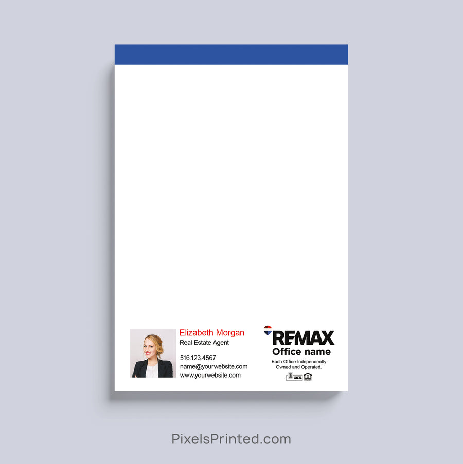 Personalized RE/MAX realtor notepad with headshot and contact information