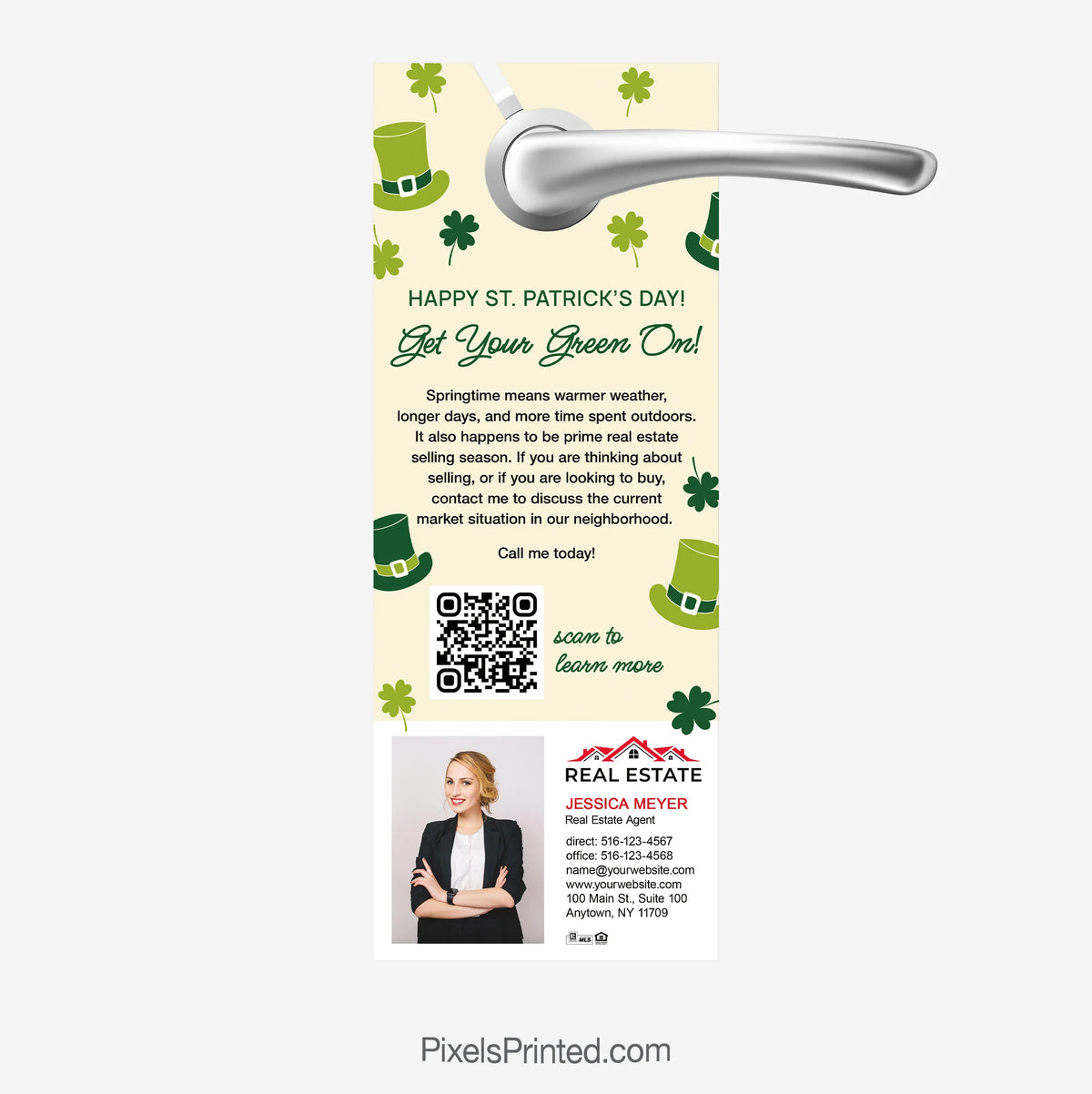 Hello Neighbor St. Patrick’s Day real estate door hanger with agent branding