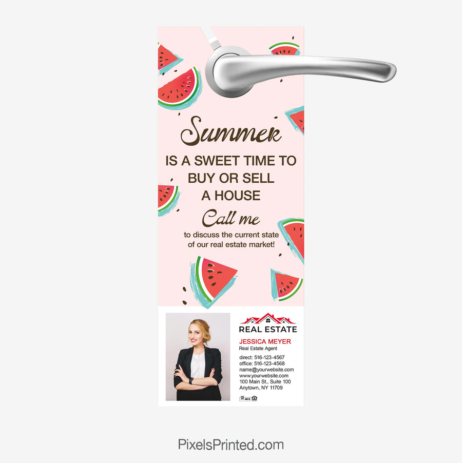 Summer real estate door hanger promoting buying and selling opportunities