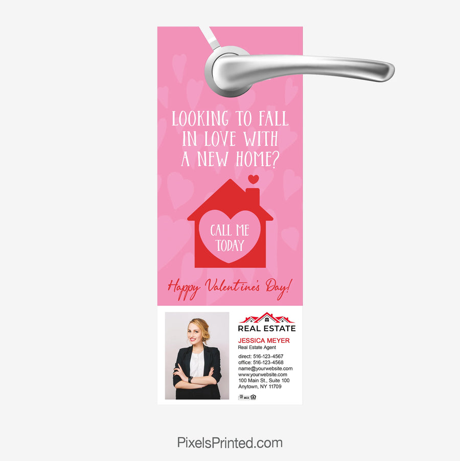 Valentine-themed real estate door hanger reading “Looking to fall in love with a new home?”